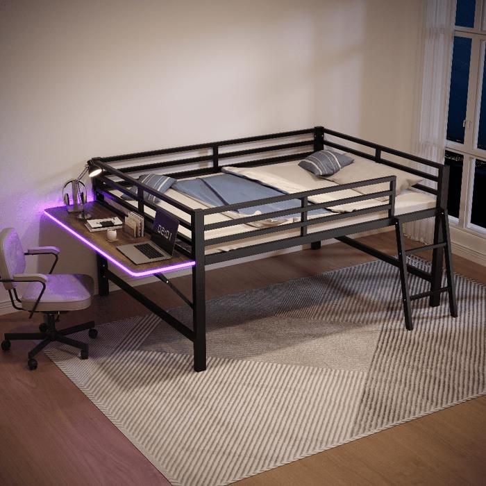 Lit superposé métal - PAGE Living - 140x200 cm - Bureau pliant - LED intégré