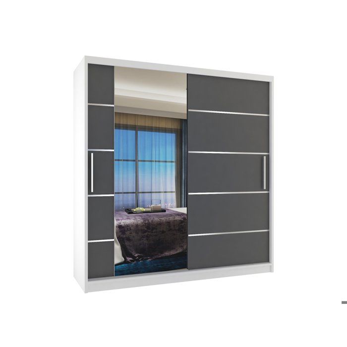 BELINI Grande Armoire 2 Portes Coulissantes VERONA MBP 158 cm - Blanc / Gris Mat - Miroir Intégré & 2 Tiroirs - Chambre Adulte
