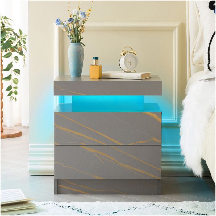 Table de chevet LED - LED multicolores réglables - 2 tiroirs spacieux - Dimensions 50x53x36 cm - Gris Or