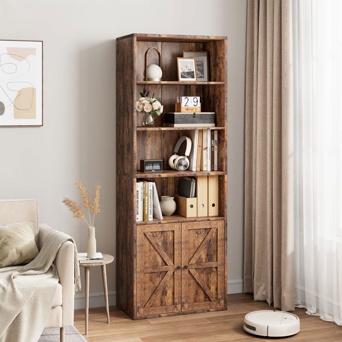 GARVEE Bibliothèque industrielle de bureau avec portes 6 étagères profondes – Rangement et exposition– 102*38*26 cm – Coloris rétro