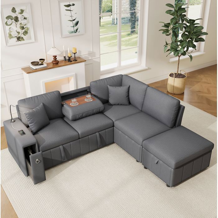 ROVRYN Canapé dangle convertible en L 213 x 184 x 88 cm avec pouf de rangement USB Type-C lampe gris lin