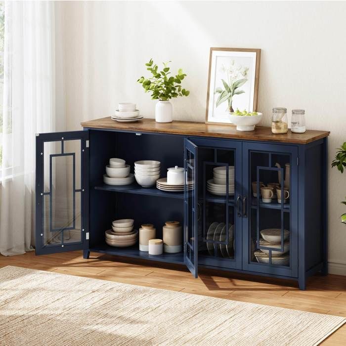 ULEVR Buffet de cuisine bleu 160 cm avec portes vitrées plateau aspect bois grand rangement et kit anti-basculement