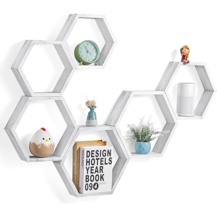 Lot De 6 Étagères Hexagonales Flottantes À Montage MuralPour FermeBois En Nid DAbeilleÉtagère Murale En Nid DAbeilleDé[BI237]