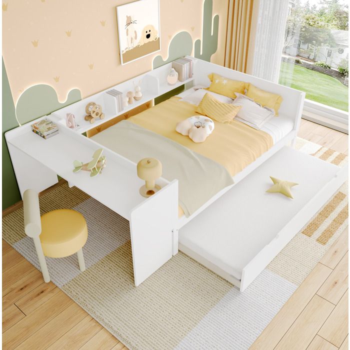 Lit combiné 140 x 200 cm AESVAR avec bureau lit gigogne et 3 étagères pin et panneaux de particules blanc