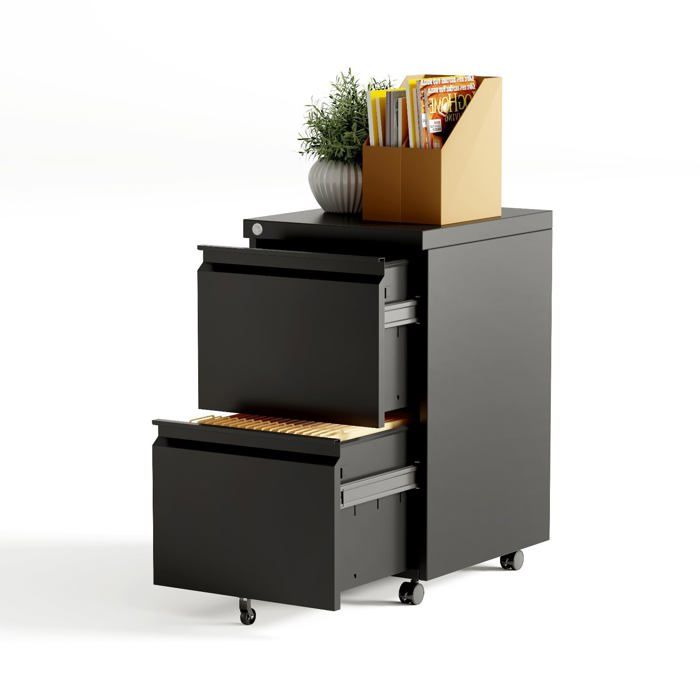 Commode mobile à 2 tiroirs avec roulettes et serrure classeur en métal pour dossiers A4/légaux