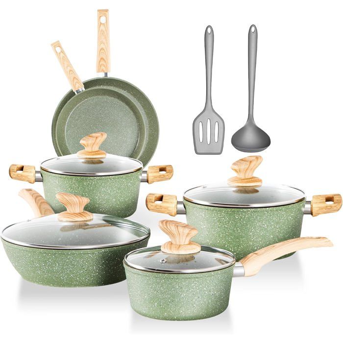 12pcs Batterie de Cuisine Induction Lot Poele et Casserole Tout Feux Anti-adhésives sans Pfas sans Pfoa Couvercles Verre