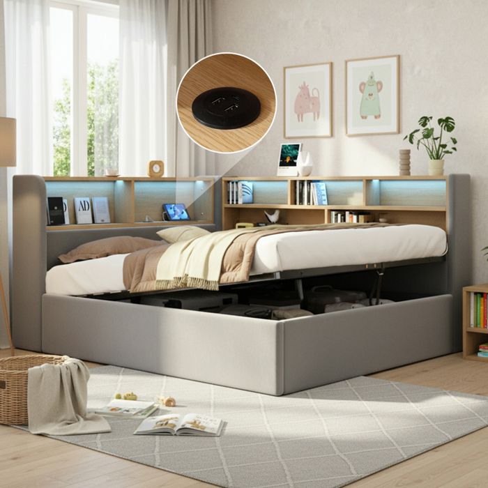 Lit banquette coffre rembourré 140x190 cm Rangement hydraulique Niches LED USB et USB-C Velours Gris