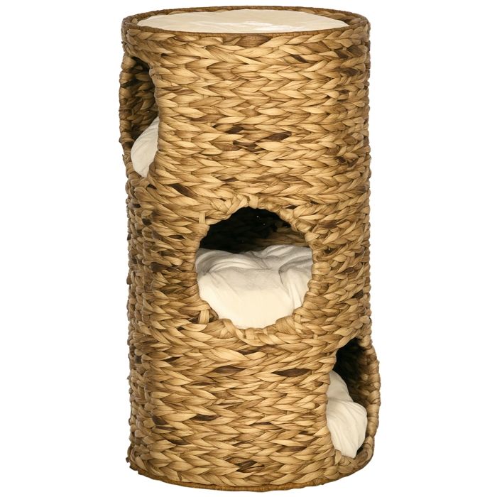 Tonneau à gratter pour chat - tour à griffer - PawHut - 3 niveaux coussins - jacinthe deau acier - Ø40x73cm - marron clair Tonneau à gratter pour chat - tour à griffer - PawHut - 3 niveaux coussins - jacinthe deau acier - Ø40x73cm - marron clair