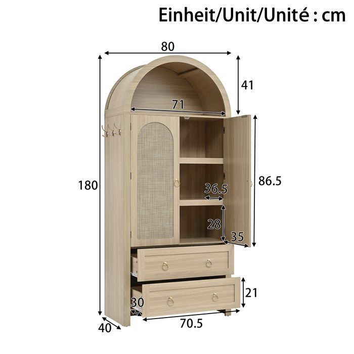 BEL Buffet vintage en osier voûté avec 2 tiroirs meuble rangement salon chambre style rétro élégant construction solide