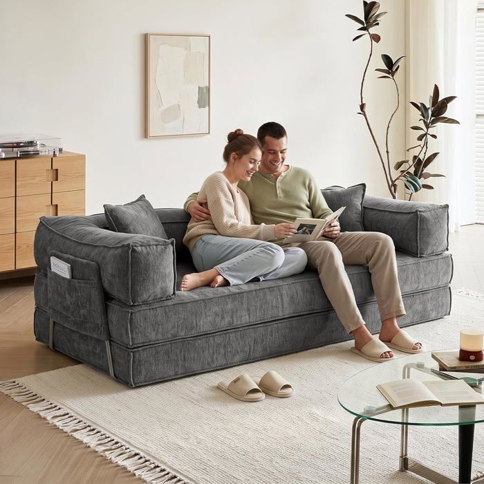Canapé-lit convertible 3 Places 207x106x68 cm - WOLTU - Coussins amovibles - Housses en chenille lavables - Gris Foncé