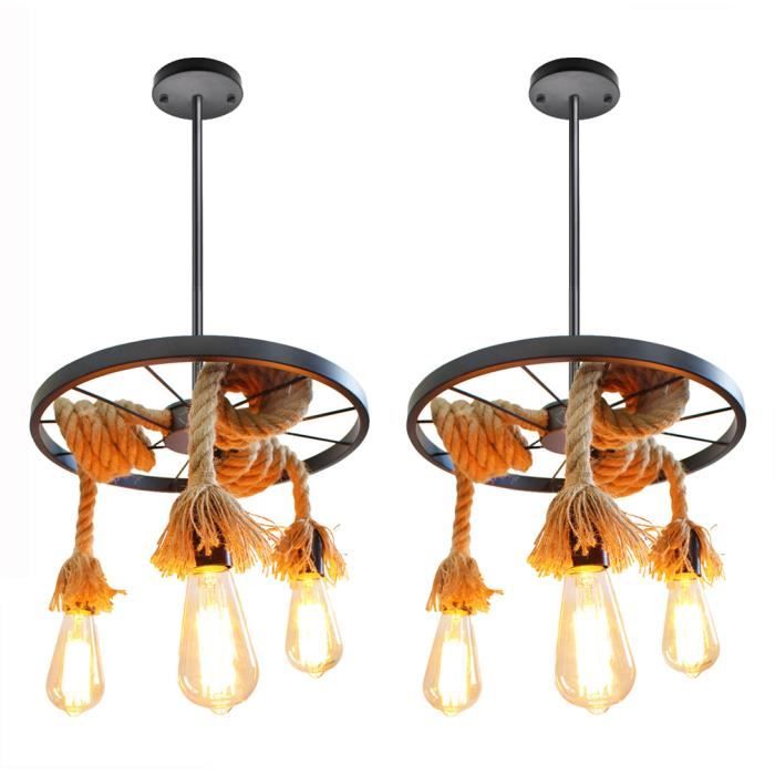MOGOD 2x Suspension Pendentif style Vintage 3 Lampes Lustre en Corde de Chanvre en Métal Noir décoration Chambre Bureau