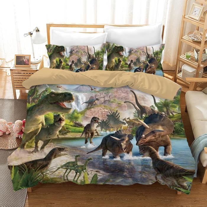 Parure De Lit Pour Enfant Garcon Motif De Dinosaures En Microfibre Imprimes En 3 Pieces Avec Housse De Couette Et Taie D u843 Cdiscount Maison