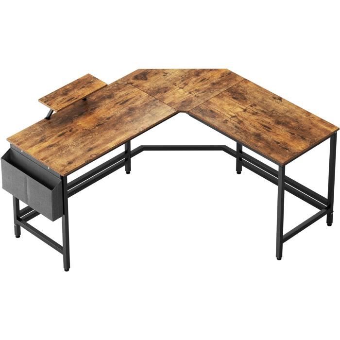 Bureau Gaming En L ISunirm 140x116x76 Cm - Avec Bande LED RGB, Multiprise USB, étagères, Support écran - Brun Vintage, Charge 227 Kg