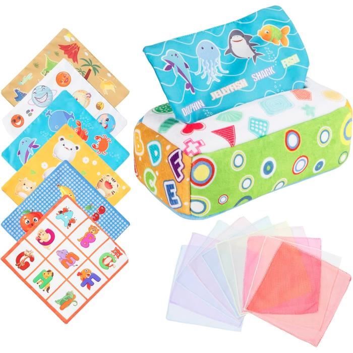 Boîte à Mouchoirs en Papier pour Bébé,Jouets Sensoriels Montessori avec  Couleurs,Textures,Sons-Nouveaux Toy Jeux d Eveil pour Enfant