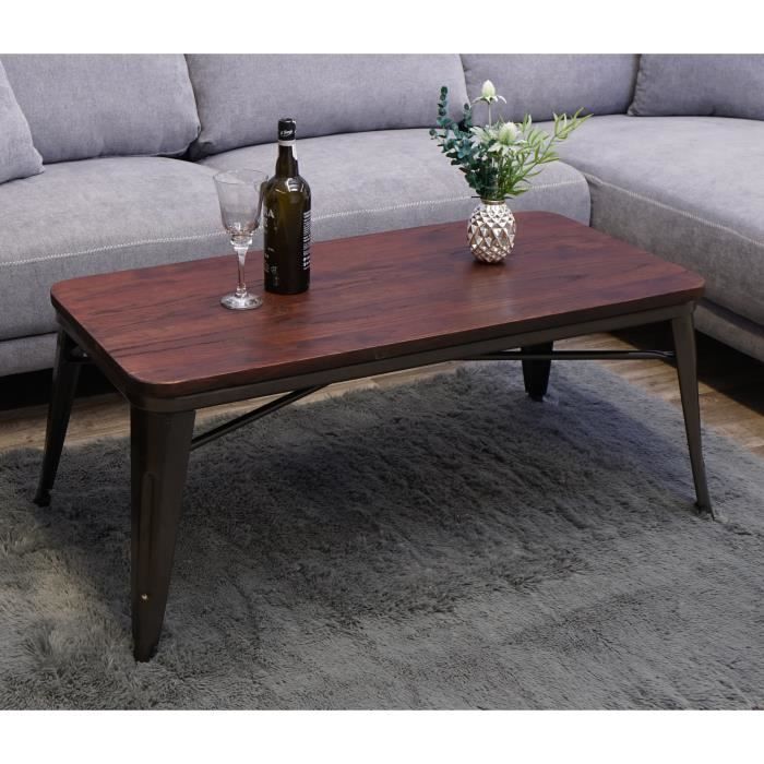 table basse de salon hwc-h10 - design industriel - bois d'orme - vérifiée fsc - marron noir