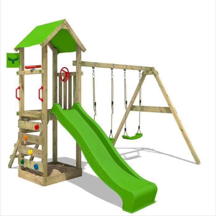 FATMOOSE Aire de jeux Portique bois KiwiKey avec balançoire et toboggan vert pomme Maison enfant extérieure avec bac à sable