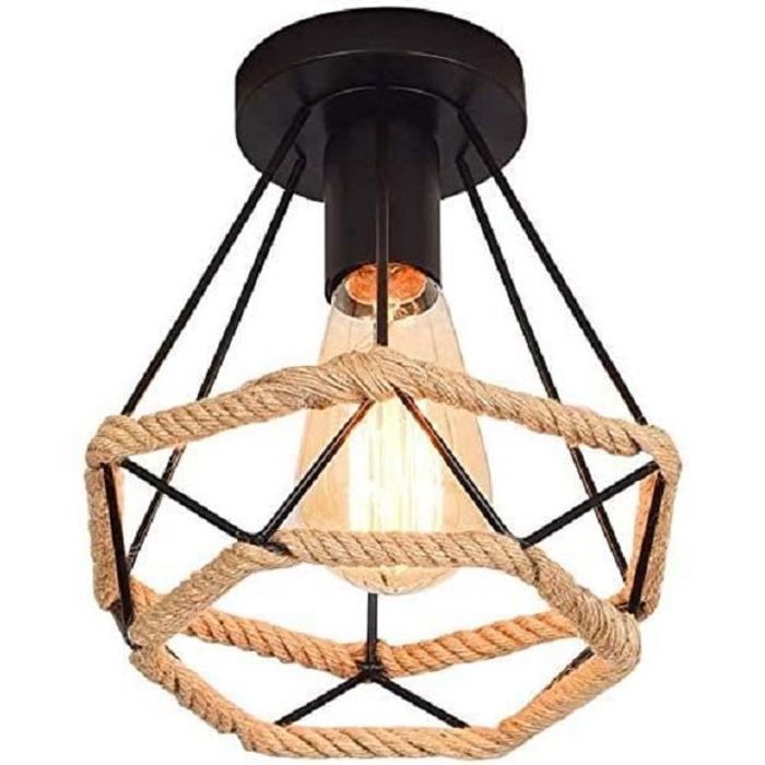 Rétro Vintage Plafonnier Industrielle Cage en forme Diamant en Métal avec corde de chanvre Fer Luminaire 20cm Decoration Ramadan