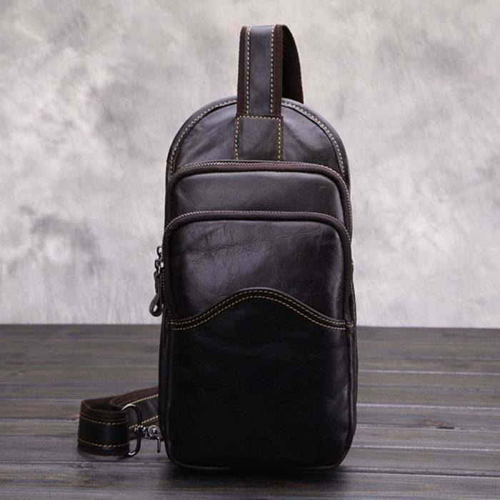 Sac Bandoulière Homme Cuir Véritable Pundarika - Sac Poitrine Noir Élégant Et Pratique