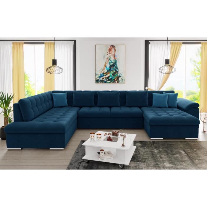 canapé panoramique xxl convertible avec coffre 7 places style contemporain gauche bleu marine - bestmobilier