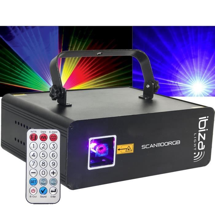 Laser - Ibiza Light SCAN1100RGB - 5 ou 34 canaux DMX - 1100mW - Effets animation, tunnels, plafonds - Laser de classe 3B