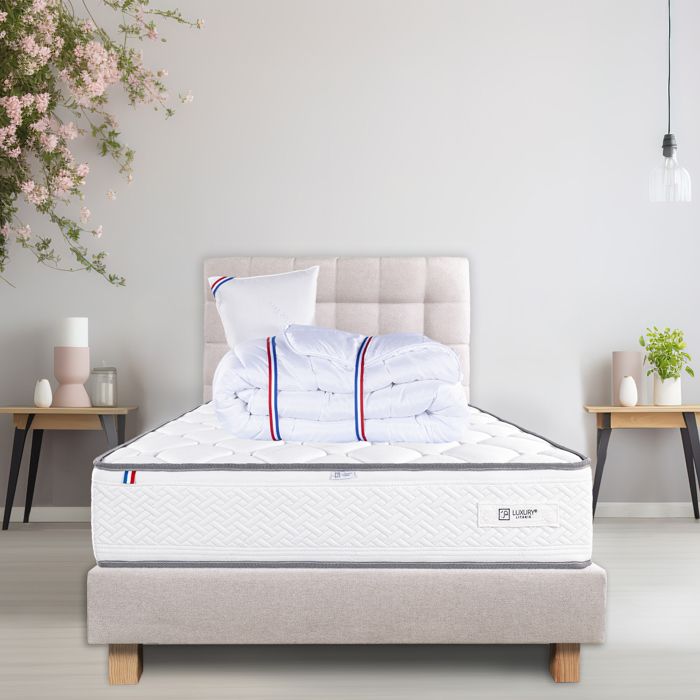 Ensemble matelas Iris 20 cm mémoire de forme ferme réversible+sommier beige ep20cm + oreiller + couette + TDL Ensemble matelas Iris 20 cm mémoire de forme ferme réversible+sommier beige ep20cm + oreiller + couette + TDL