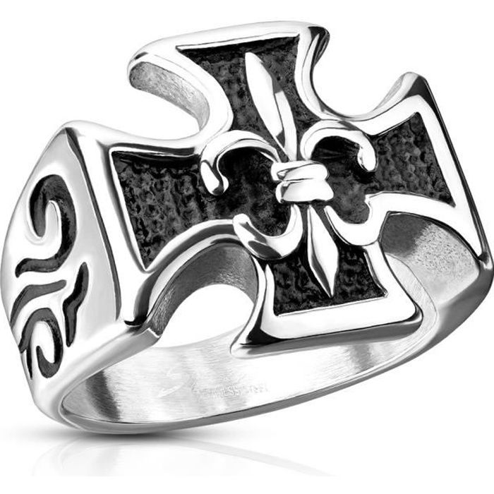 Bague chevalière homme acier en forme croix de malte fleur de lys (59)