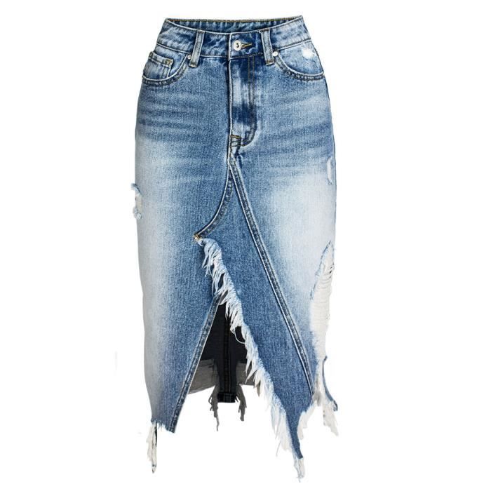 Jupe LOGAMI dechire Denim jupes femmes asymetrique crayon Jean jupe dames haute fente Midi jupe grande taille 2XL 3XL Type Bleu