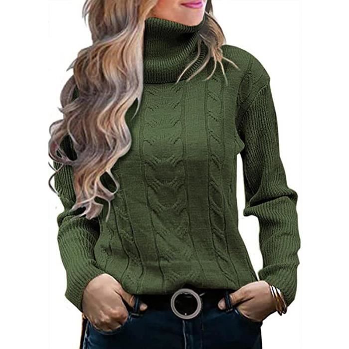 Sous Pull Femme Col Roulé en Tricot Automne Hiver Pullover Chaud Epais  Manches Longues Couleur Unie Vert