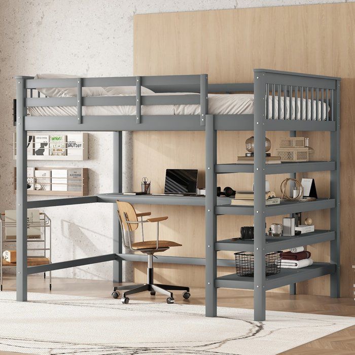 Lit mezzanine enfant 140x200cm avec bureau et étagères de rangement bois de pin et MDF gris