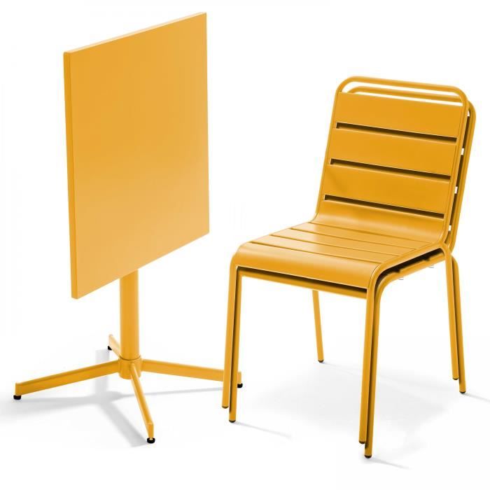 Ensemble de jardin - OVIALA - Table carrée inclinable et 2 chaises métal jaune - Pliant - Contemporain