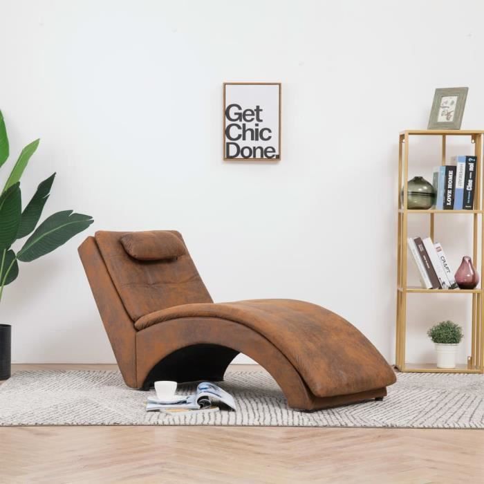 7672best home® chaise longue-bain de soleil transat design contemporain ergonomique & pliant avec oreiller marron similicuir daim si