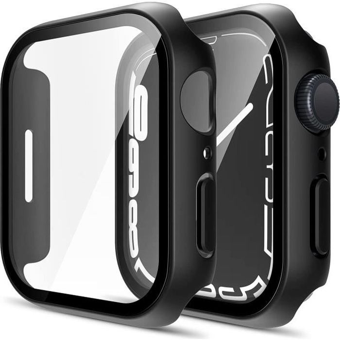 Coque de protection Phonillico&reg; pour Apple Watch Serie 7 45mm - Noir avec &eacute;cran en verre tremp&eacute;