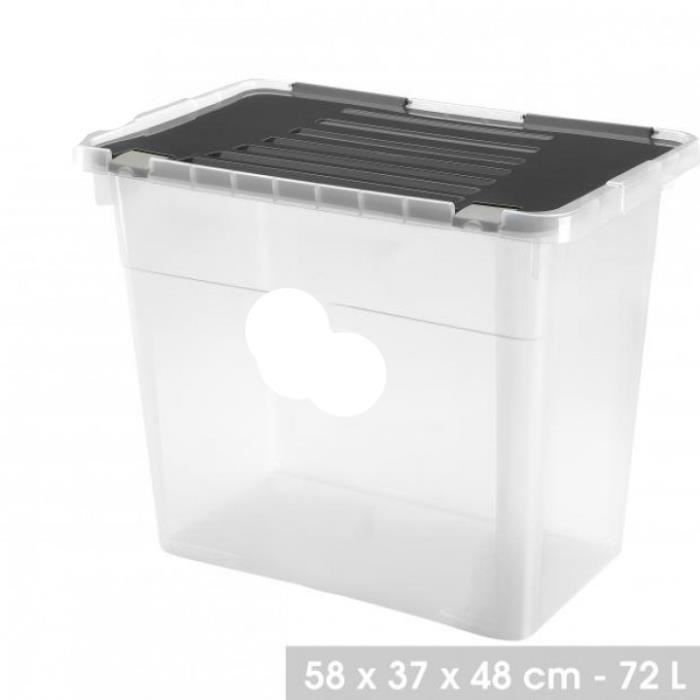 bac de rangement plastique compact 72 litres avec couvercle clip noir box transparente  (pp) sans bpa – 58 x 37 x 48 cm