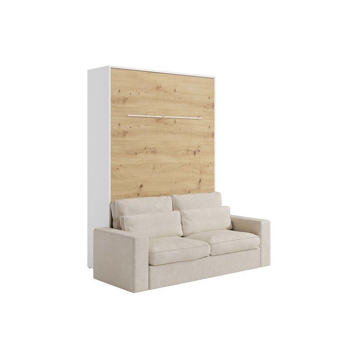 Lit escamotable 140 x 200 cm - Ouverture verticale manuelle - Avec LEDs - Blanc et naturel + Canapé en velours côtelé beige -
