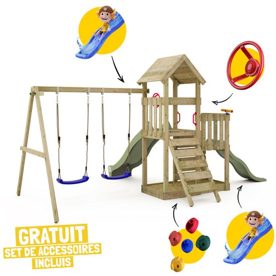 Wickey Aire De Jeux Portique Bois TinyLoft Avec Balançoire Et Toboggan Bleu Echafaudage Grimpant Avec Bac A Sable Mur Descalade Accessoires De Jeux 19967335