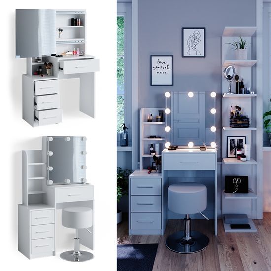 Vicco coiffeuse Isabelle, Blanc, 140 cm avec armoires - Maison