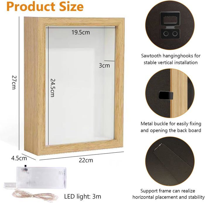 Cadre 3D Profond 22x27cm Bois - Cadre Vitrine Ombre Pour Photos Souvenirs (Noir 3cm Profondeur)