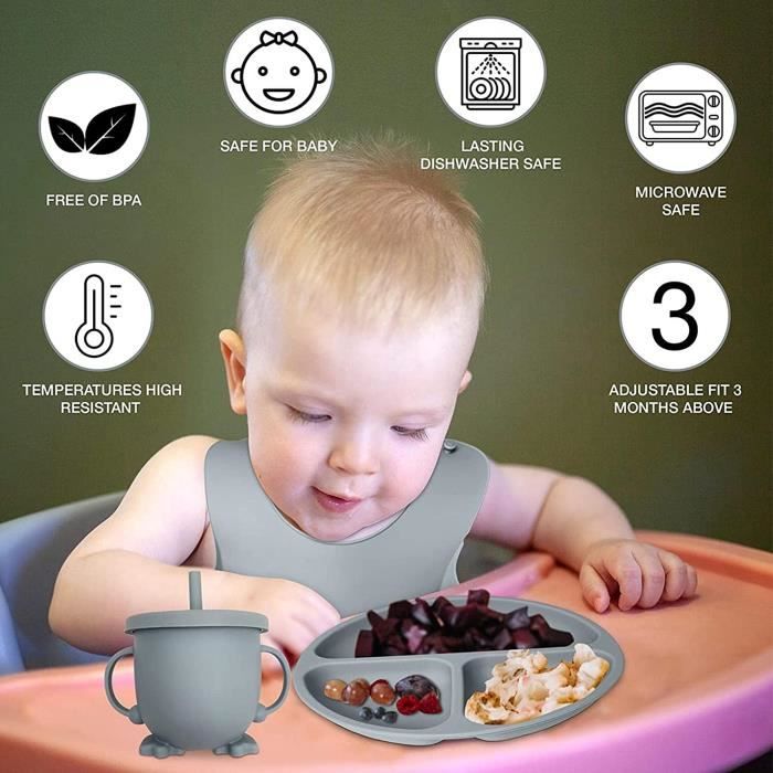 Assiette ventouse pour bébé,Coffret repas bebe en silicone,Vaisselle et bavoir  silicone réglable,Passe au lave-vaisselle Sans BPA-A - Cdiscount  Puériculture & Eveil bébé