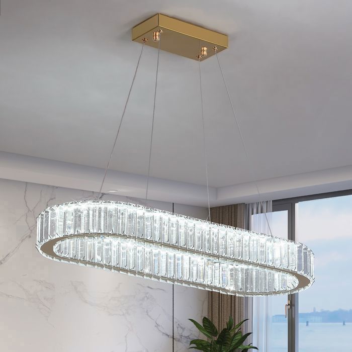 Lustre ovale en cristal K9 – Suspension LED contemporaine pour salon ...