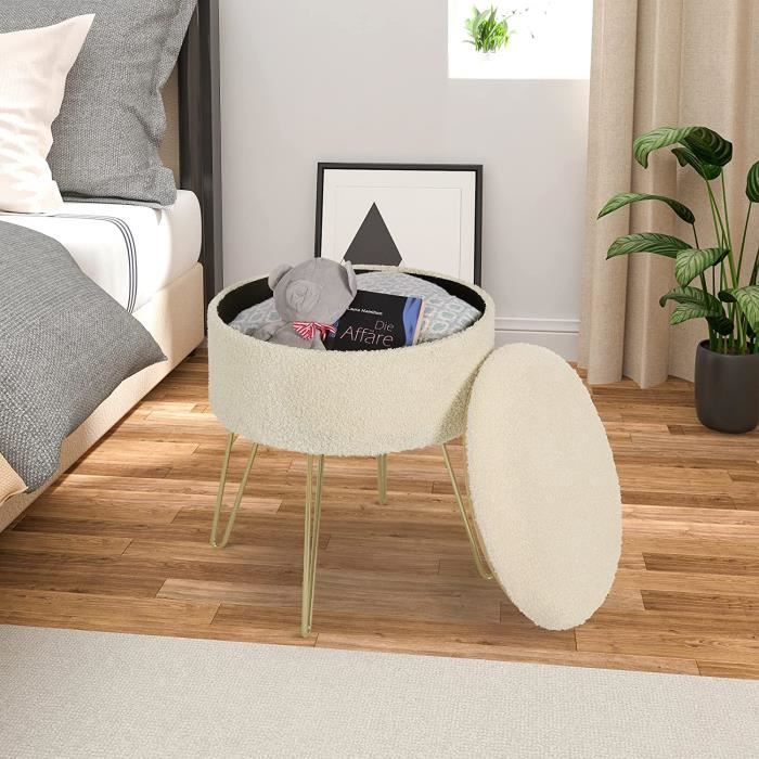 Pouf De Rangement Rond WOLTU - Tabouret Coiffeuse, Repose-pieds, 39x44cm, Beige, Capacité 300kg