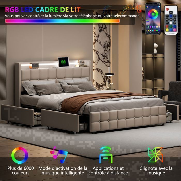 Lit Double 160x200cm LONELYO Avec LED Et USB - Tête De Lit Capitonnée Velours Beige - 3 Tiroirs
