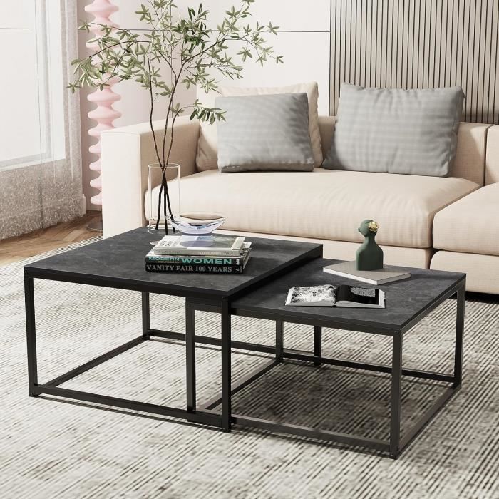Lot De 2 Tables Gigognes HOMCOM - Tables Basses Carrées En Acier Et Bois Gris