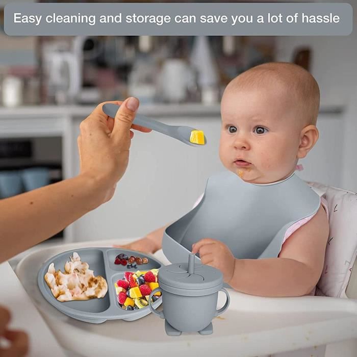 Assiette ventouse pour bébé,Coffret repas bebe en silicone,Vaisselle et  bavoir silicone réglable,Passe au lave-vaisselle Sans BPA-A - Cdiscount  Puériculture & Eveil bébé