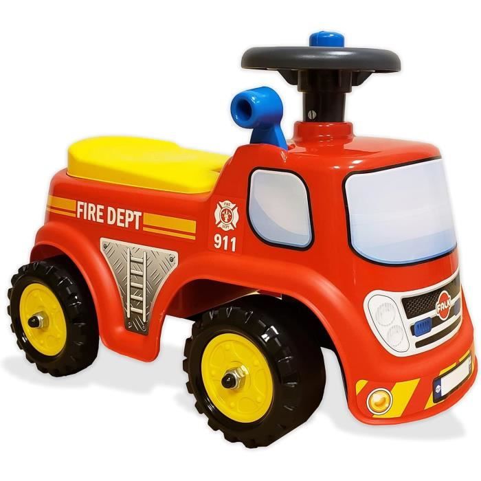 Falk Porteur Camion De Pompier – Volant Directionnel, Klaxon, Levier Sonore – Coffre Rangement – Dès 12 Mois