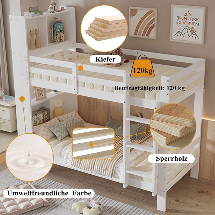 Lit Superposé 90x200 Cm Avec Rangements Et Tiroirs | Cadre En Bois Massif Pin | Gris | Pour Enfants Et Adolescents - 7