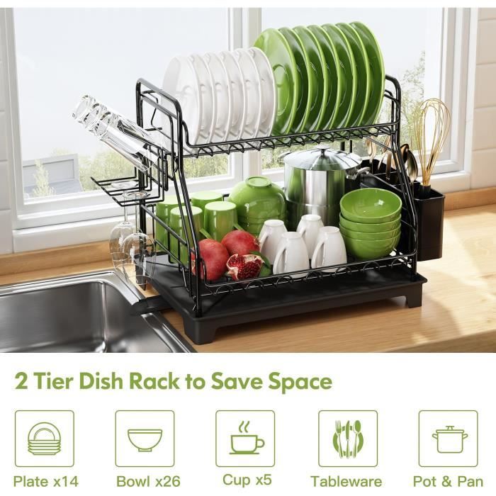 Égouttoir à Vaisselle Extensible Urackify - Noir, Pliable, Avec Porte-Couverts, Bec Pivotant 270°, Grand Capacité
