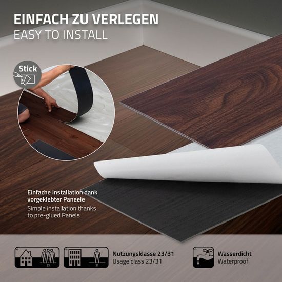 Sol PVC Vinyle Adhésif - 8.92m² - Aspect Chêne Rouge Marron - 64 Planches - Facile à Poser
