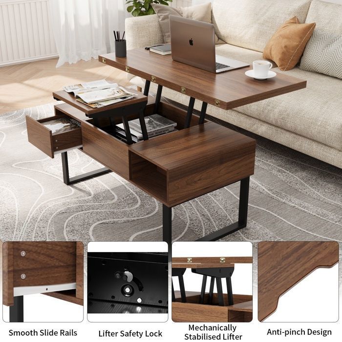 Table Basse Relevable 3 En 1 - Plateau élévateur, Rangement Caché - Blanc Grain De Bois - Transformable En Table à Manger