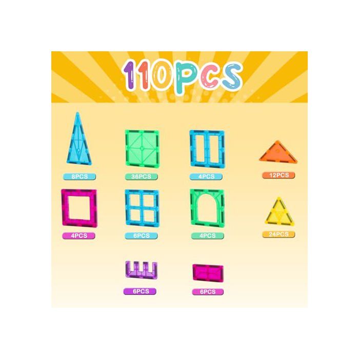 Tuiles Magnétiques 110 Pièces - Blocs de Construction Magnétiques, Jeu Éducatif Stem Montessori pour Enfants 3-9 Ans - Cadeau - Jeux - Jouets