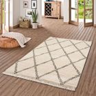 Tapis Shaggy - PERGAMON - Modèle Boho - 200x290 cm - Motif diamant créme - Intérieur